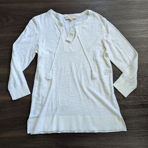 NWT LOFT White 100% Cotton Tassel Tie Pullover Beach Coastal Grandmother Medium